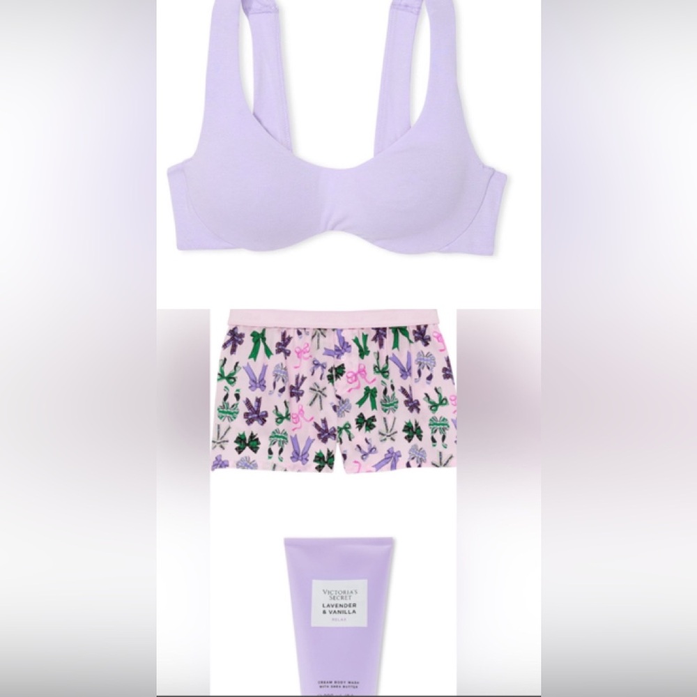 💜 🎀 Bra, Boxer Shorts & body wash LOT ! Loungewear • Pajamas • Small / 32DD 34DD